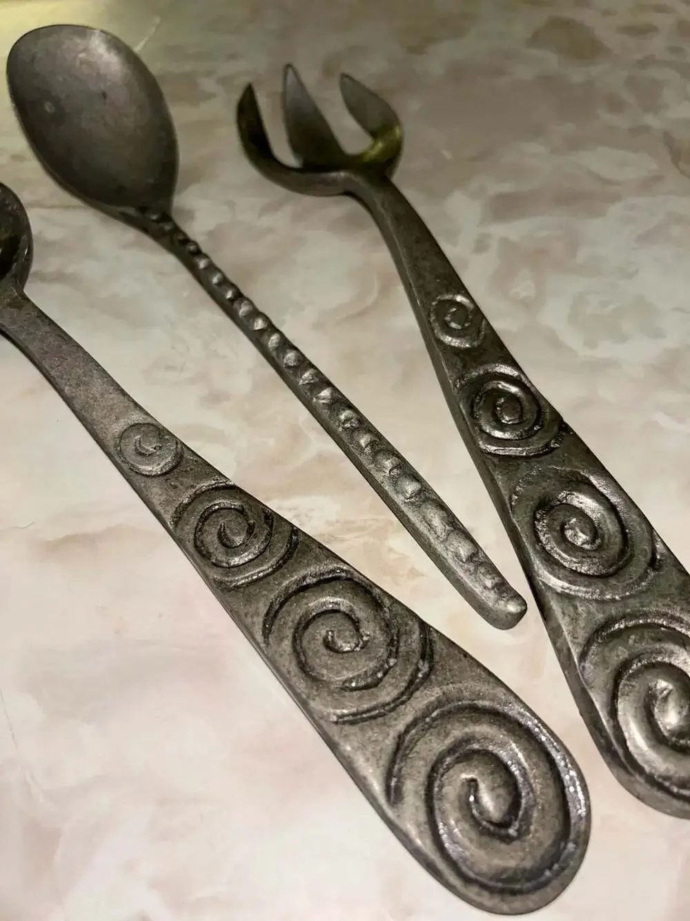 Vintage Cast Aluminum Salad Serving Set with Spiral Design and Beaded Spoon